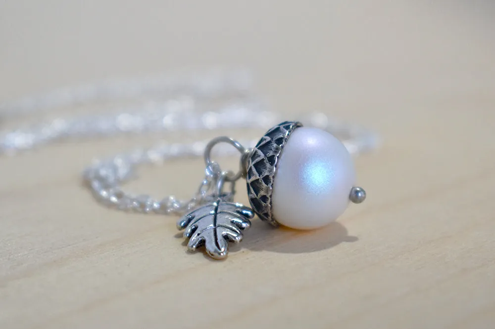 Silver Faerie Magic Acorn Necklace | Iridescent White Acorn Pendant | Forest Acorn Nature Jewelry