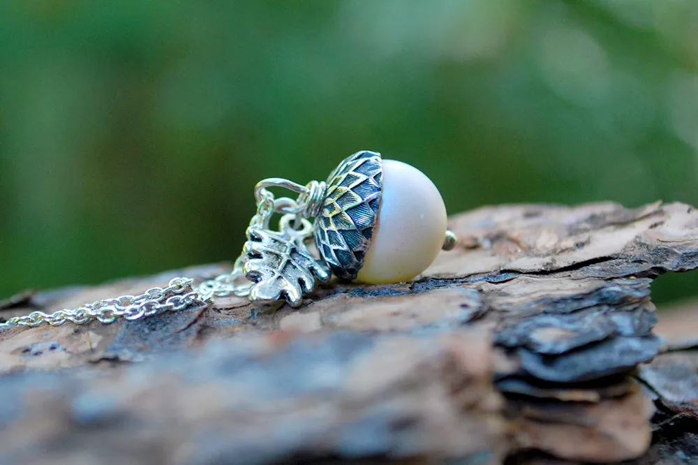 Silver Faerie Magic Acorn Necklace | Iridescent White Acorn Pendant | Forest Acorn Nature Jewelry