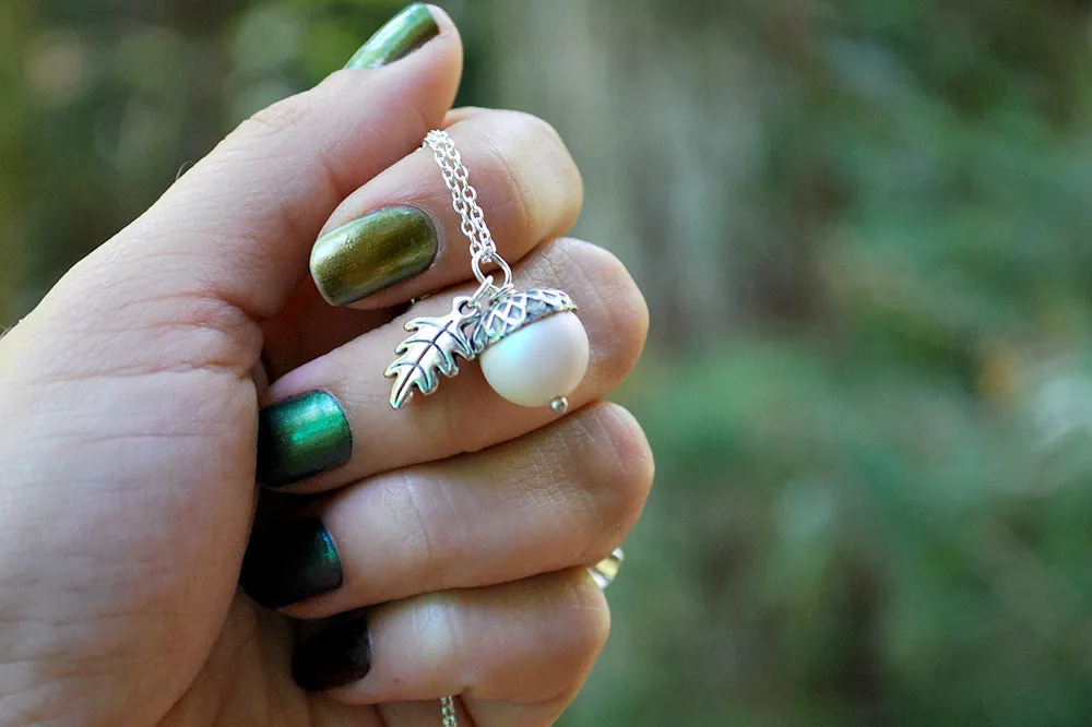 Silver Faerie Magic Acorn Necklace | Iridescent White Acorn Pendant | Forest Acorn Nature Jewelry