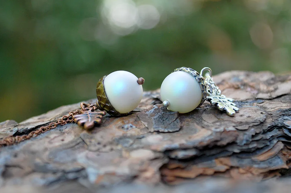 Silver Faerie Magic Acorn Necklace | Iridescent White Acorn Pendant | Forest Acorn Nature Jewelry