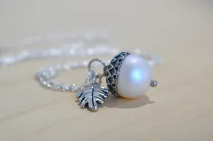 Silver Faerie Magic Acorn Necklace | Iridescent White Acorn Pendant | Forest Acorn Nature Jewelry