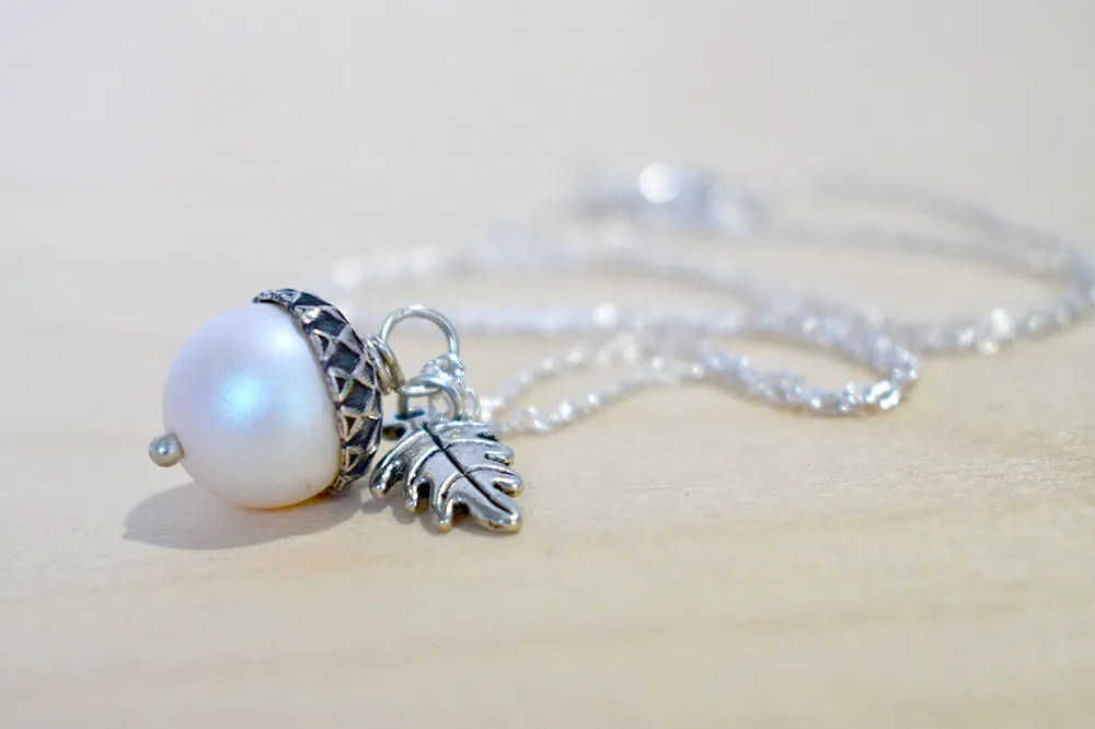 Silver Faerie Magic Acorn Necklace | Iridescent White Acorn Pendant | Forest Acorn Nature Jewelry