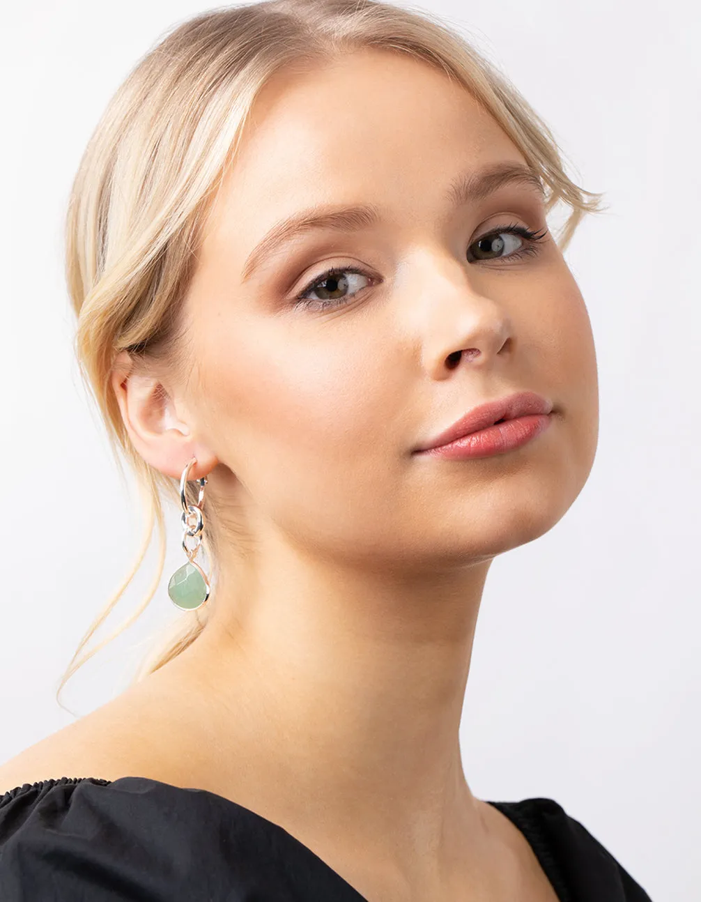 Silver Linked Green Drop Hoop Earrings
