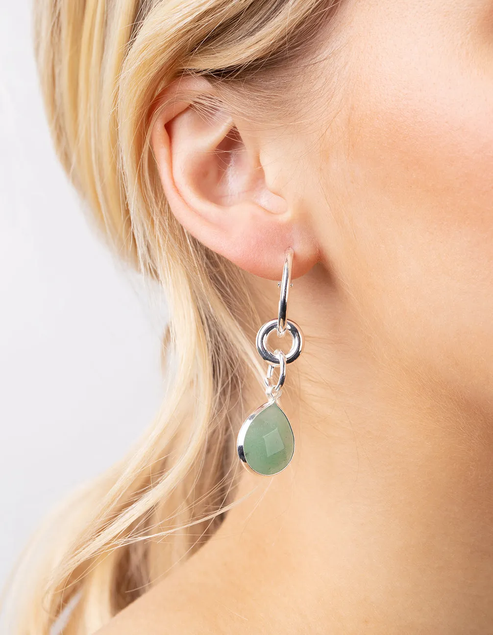 Silver Linked Green Drop Hoop Earrings