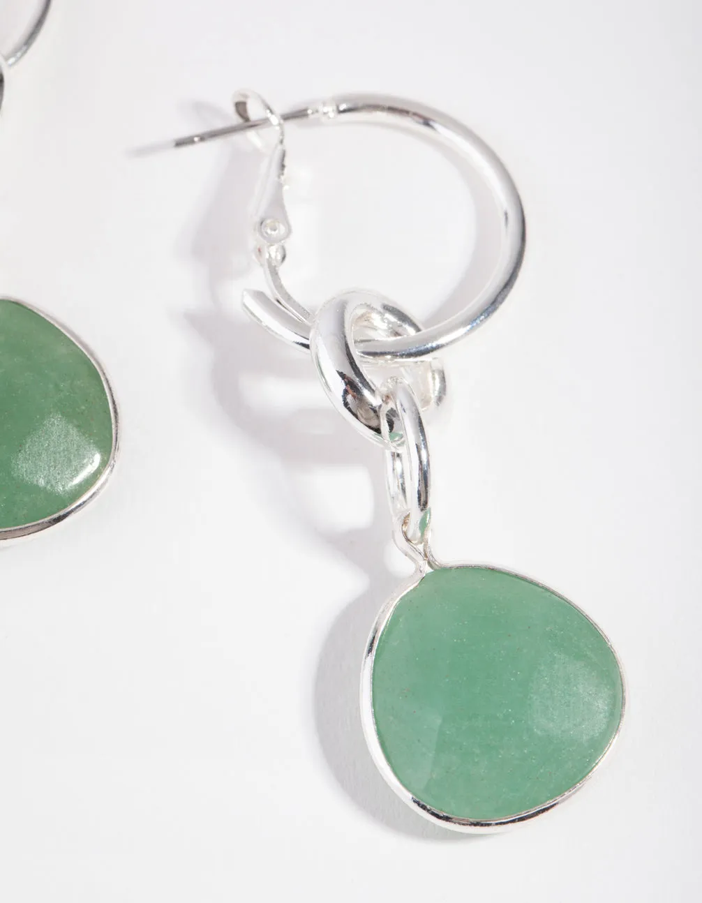 Silver Linked Green Drop Hoop Earrings