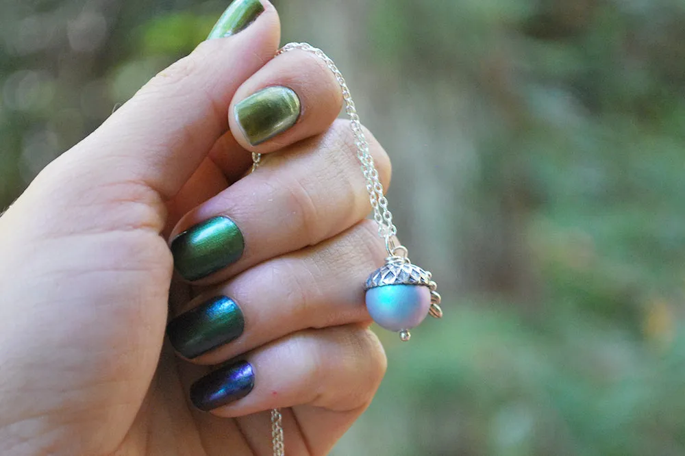 Silver Tide Pool Magic Acorn Necklace | Iridescent Blue Acorn | Something Blue Wedding Necklace