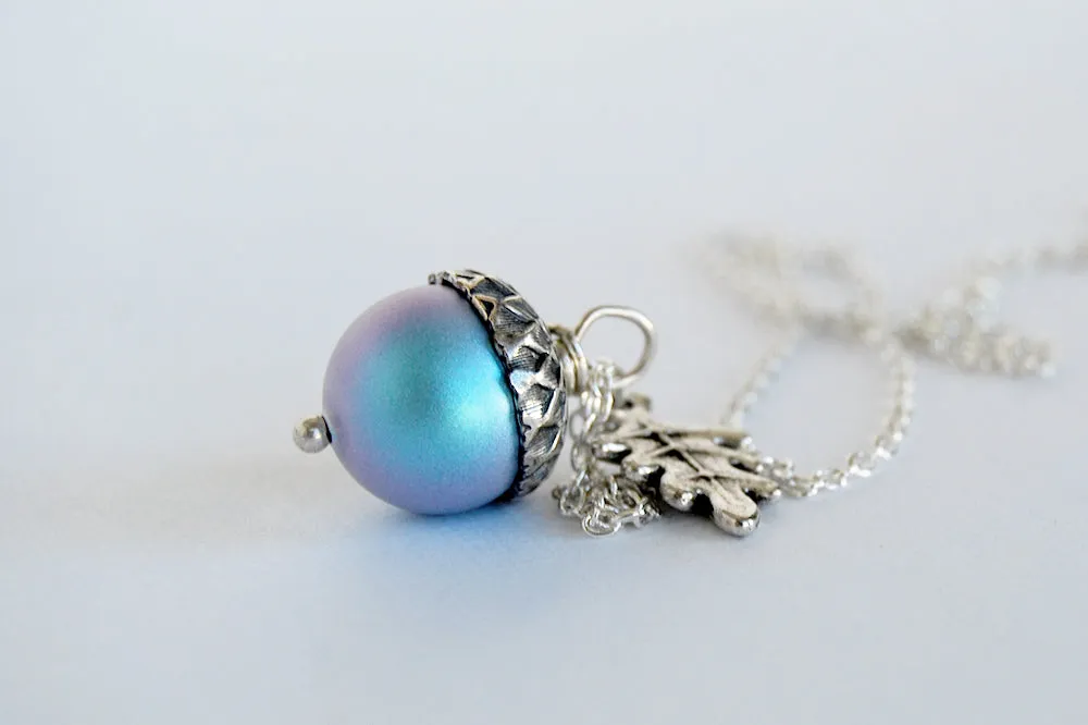 Silver Tide Pool Magic Acorn Necklace | Iridescent Blue Acorn | Something Blue Wedding Necklace
