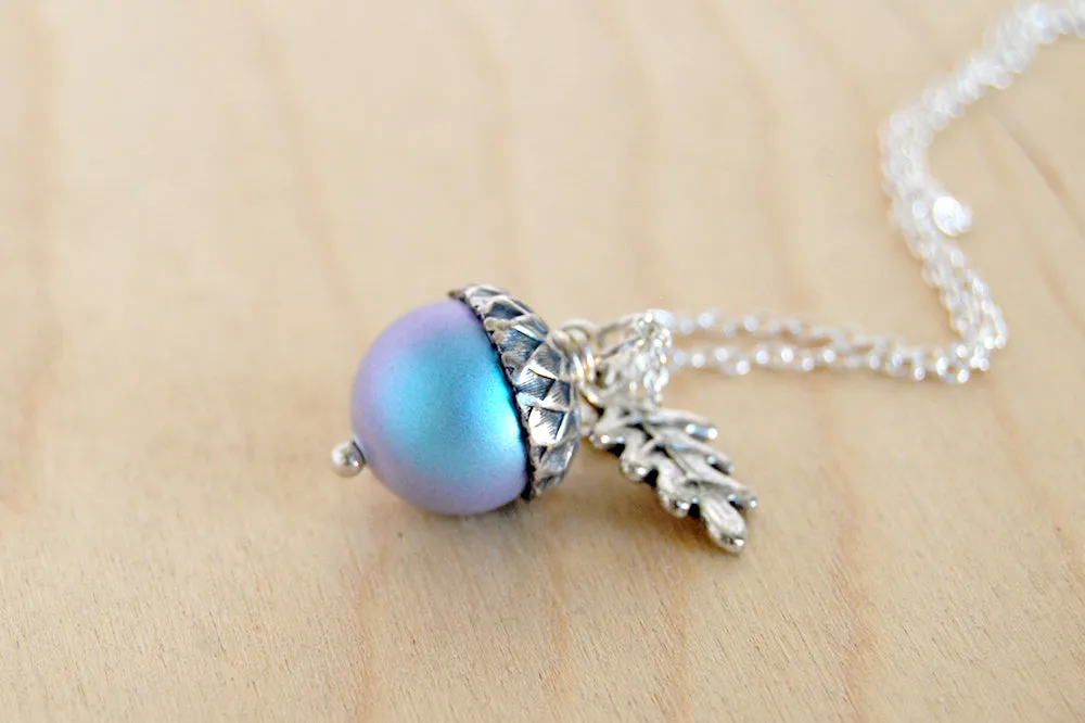 Silver Tide Pool Magic Acorn Necklace | Iridescent Blue Acorn | Something Blue Wedding Necklace