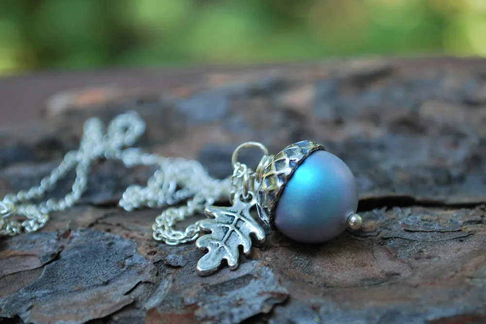 Silver Tide Pool Magic Acorn Necklace | Iridescent Blue Acorn | Something Blue Wedding Necklace