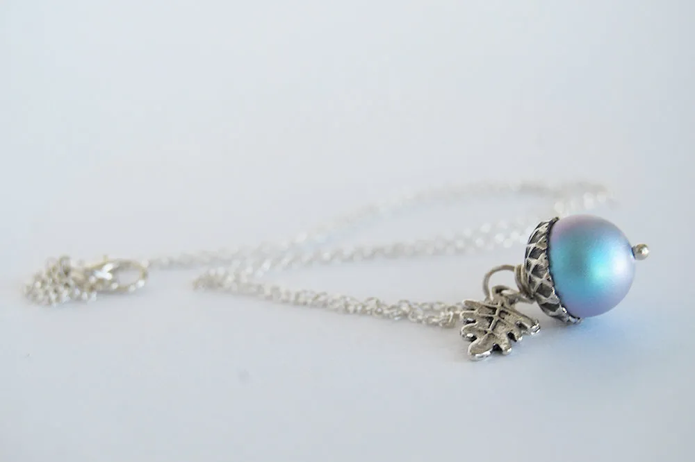 Silver Tide Pool Magic Acorn Necklace | Iridescent Blue Acorn | Something Blue Wedding Necklace