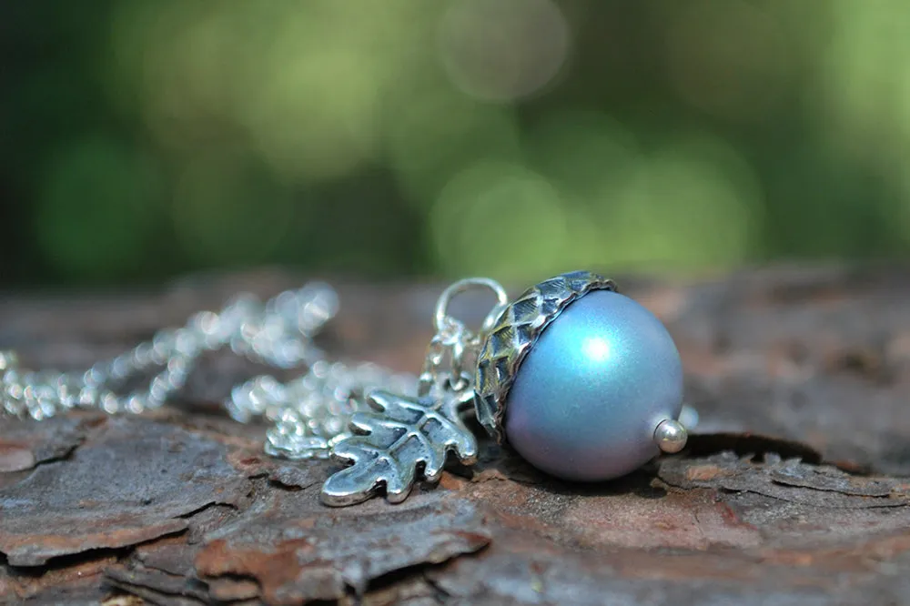 Silver Tide Pool Magic Acorn Necklace | Iridescent Blue Acorn | Something Blue Wedding Necklace