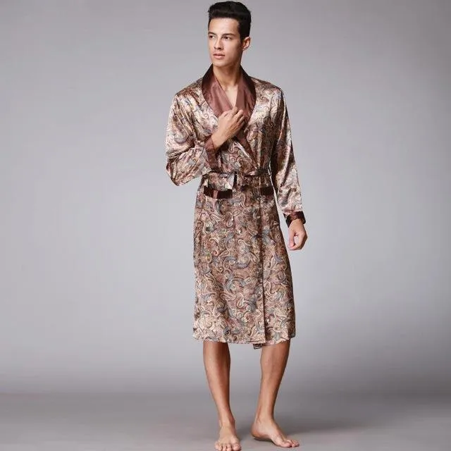 Spring Autumn Chinese Male Satin Bathrobe Robe Long Sleeve Pajamas Vintage Print Nightgown Sleepwear Kimono Gown Home Wear