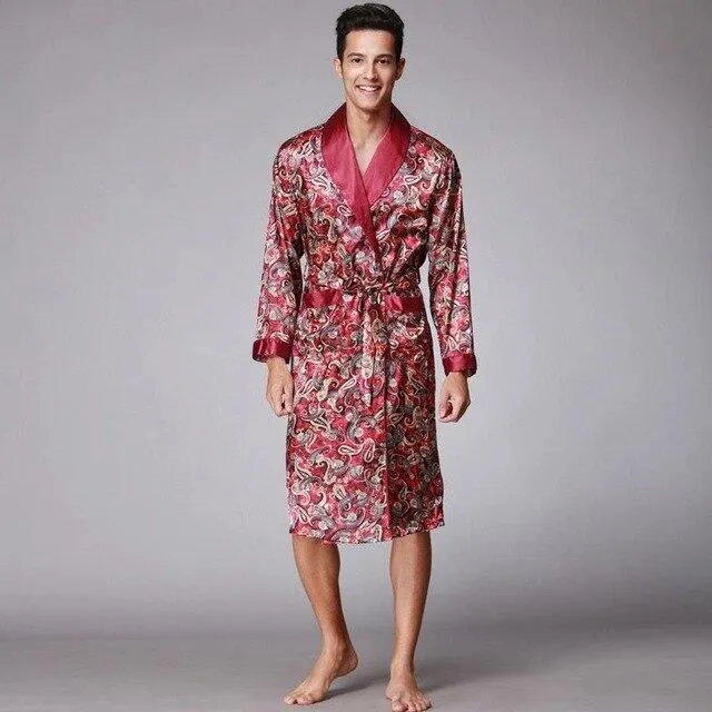 Spring Autumn Chinese Male Satin Bathrobe Robe Long Sleeve Pajamas Vintage Print Nightgown Sleepwear Kimono Gown Home Wear