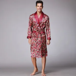 Spring Autumn Chinese Male Satin Bathrobe Robe Long Sleeve Pajamas Vintage Print Nightgown Sleepwear Kimono Gown Home Wear