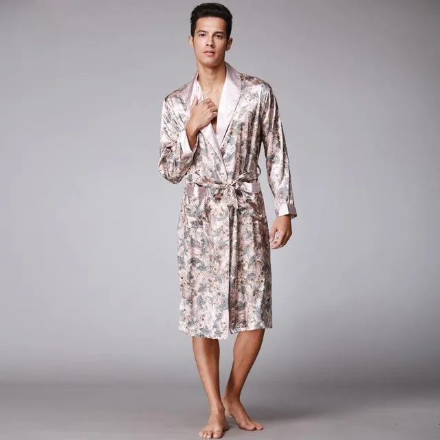 Spring Autumn Chinese Male Satin Bathrobe Robe Long Sleeve Pajamas Vintage Print Nightgown Sleepwear Kimono Gown Home Wear