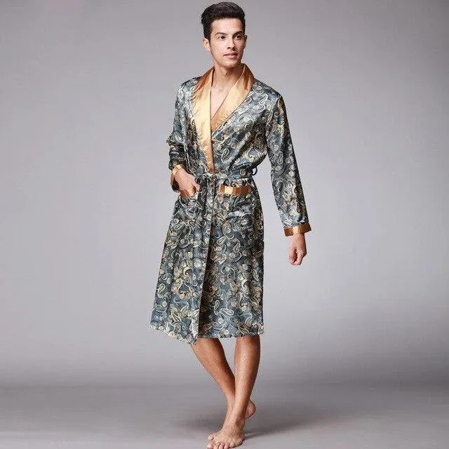 Spring Autumn Chinese Male Satin Bathrobe Robe Long Sleeve Pajamas Vintage Print Nightgown Sleepwear Kimono Gown Home Wear