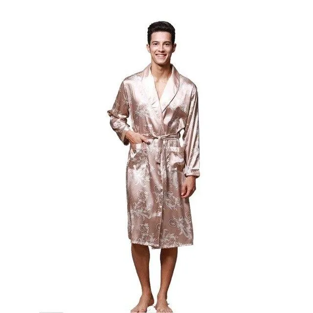 Spring Men Kimono Robe Gown Long Sleeve Satin Print Dragon Nightwear Bathrobes Nightgown Loose Causal Sleepwear Nightgown