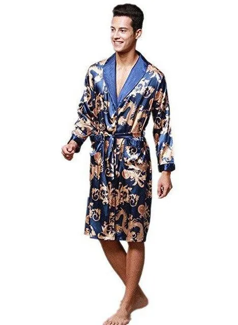Spring Men Kimono Robe Gown Long Sleeve Satin Print Dragon Nightwear Bathrobes Nightgown Loose Causal Sleepwear Nightgown