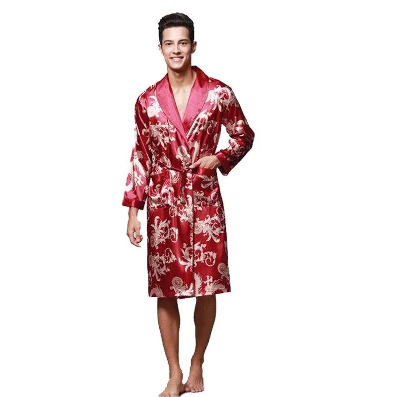 Spring Men Kimono Robe Gown Long Sleeve Satin Print Dragon Nightwear Bathrobes Nightgown Loose Causal Sleepwear Nightgown