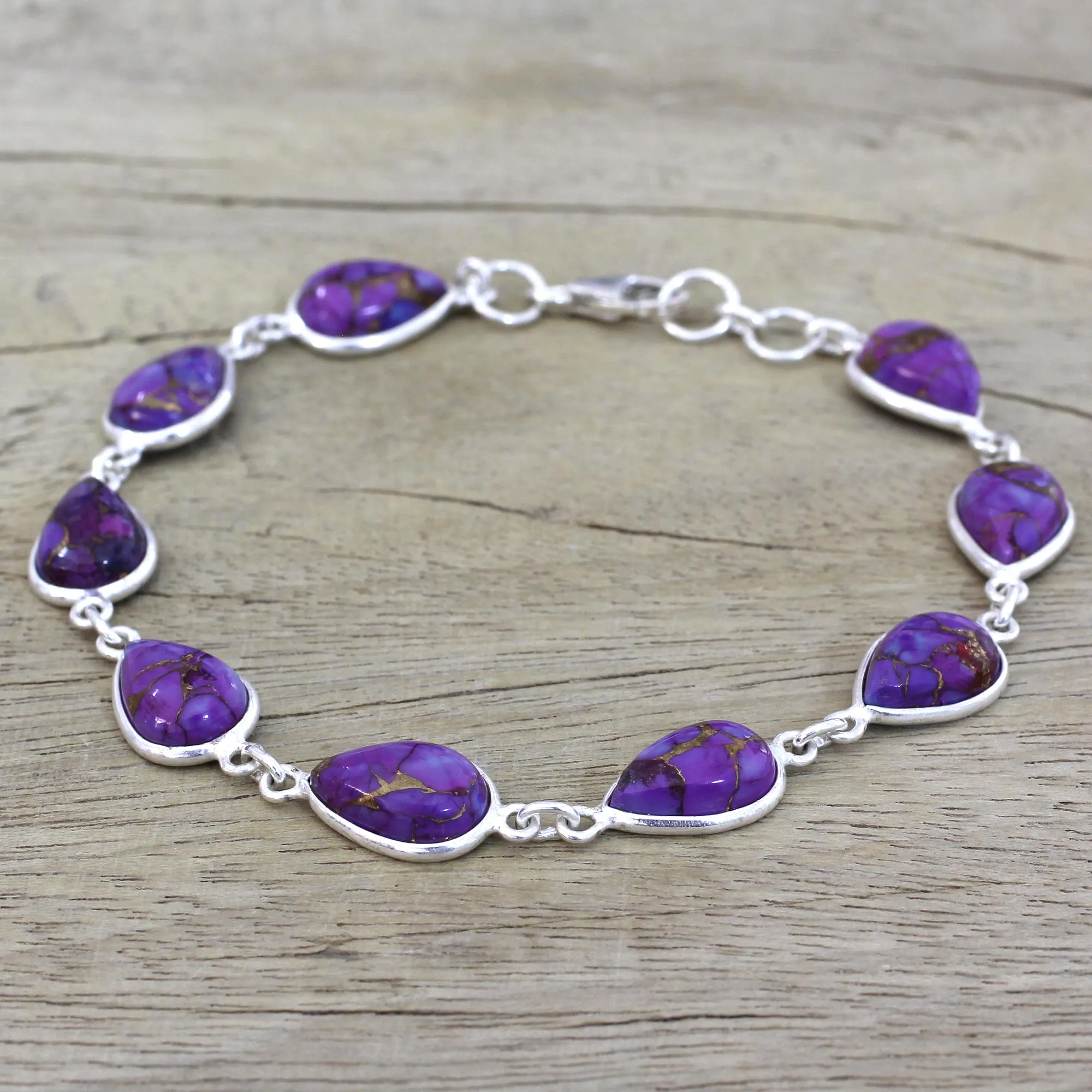 Sterling Silver and Purple Composite Turquoise Link Bracelet - Purple Cascade | NOVICA