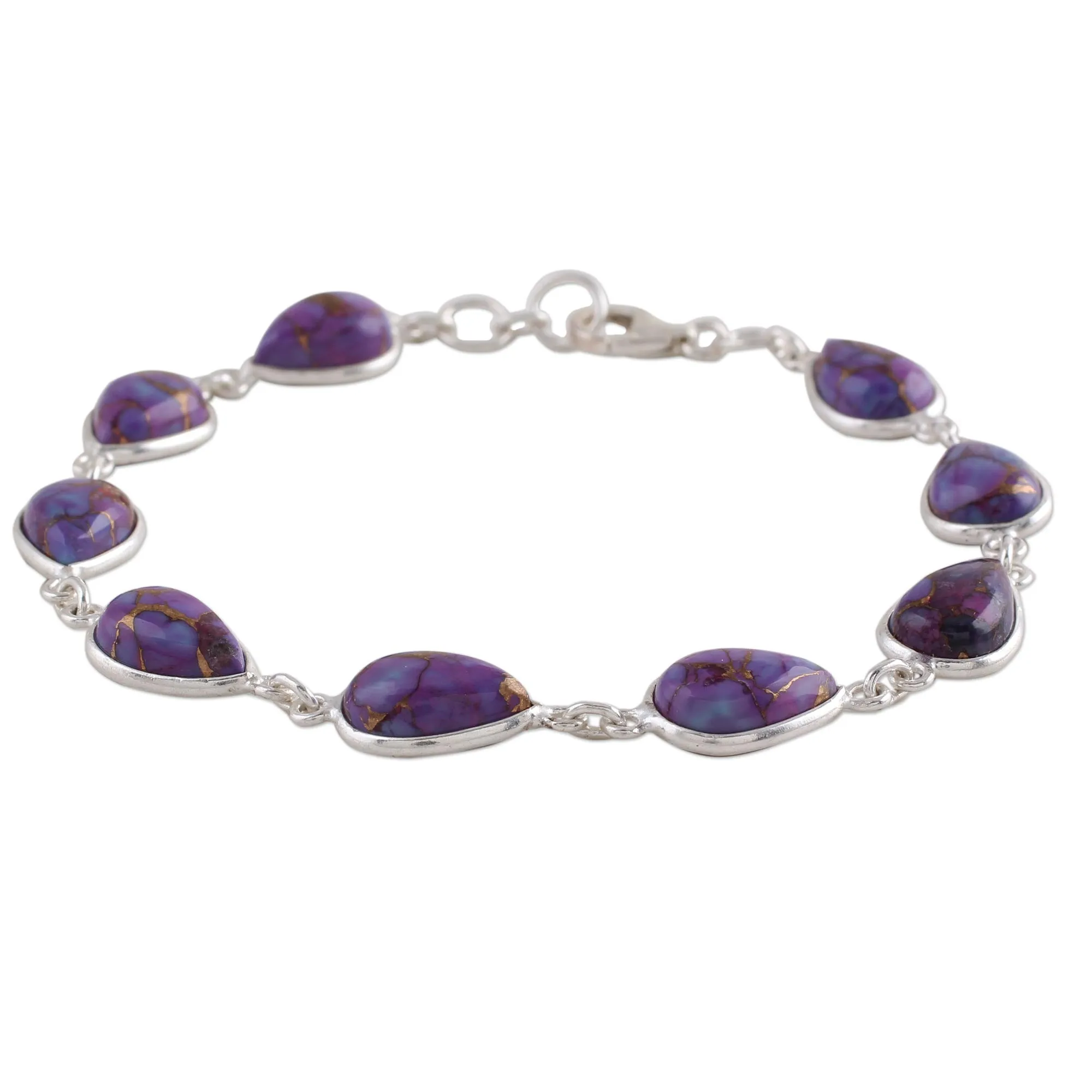 Sterling Silver and Purple Composite Turquoise Link Bracelet - Purple Cascade | NOVICA
