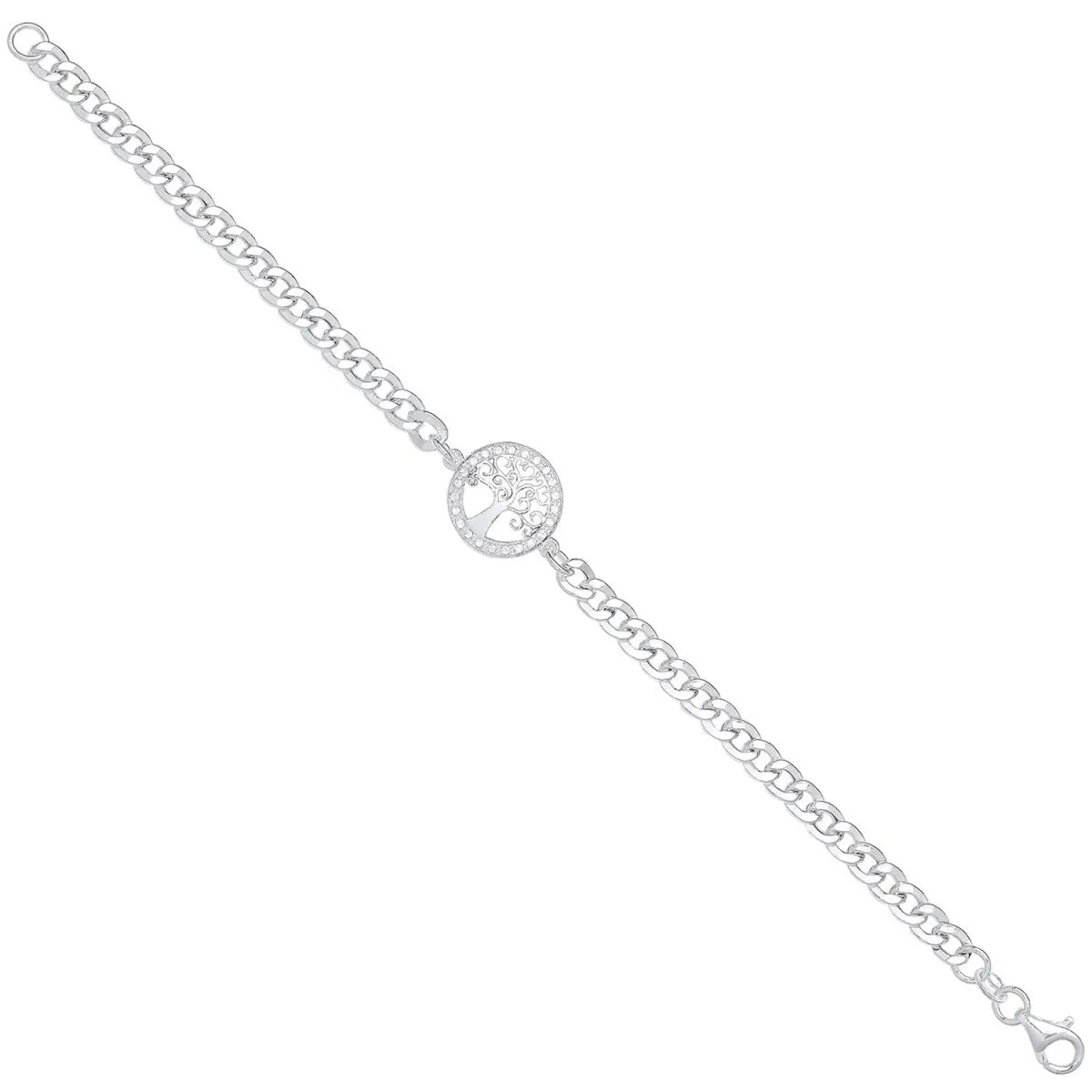 Sterling Silver Flat Curb Chain with CZ Tree of Life Bracelet