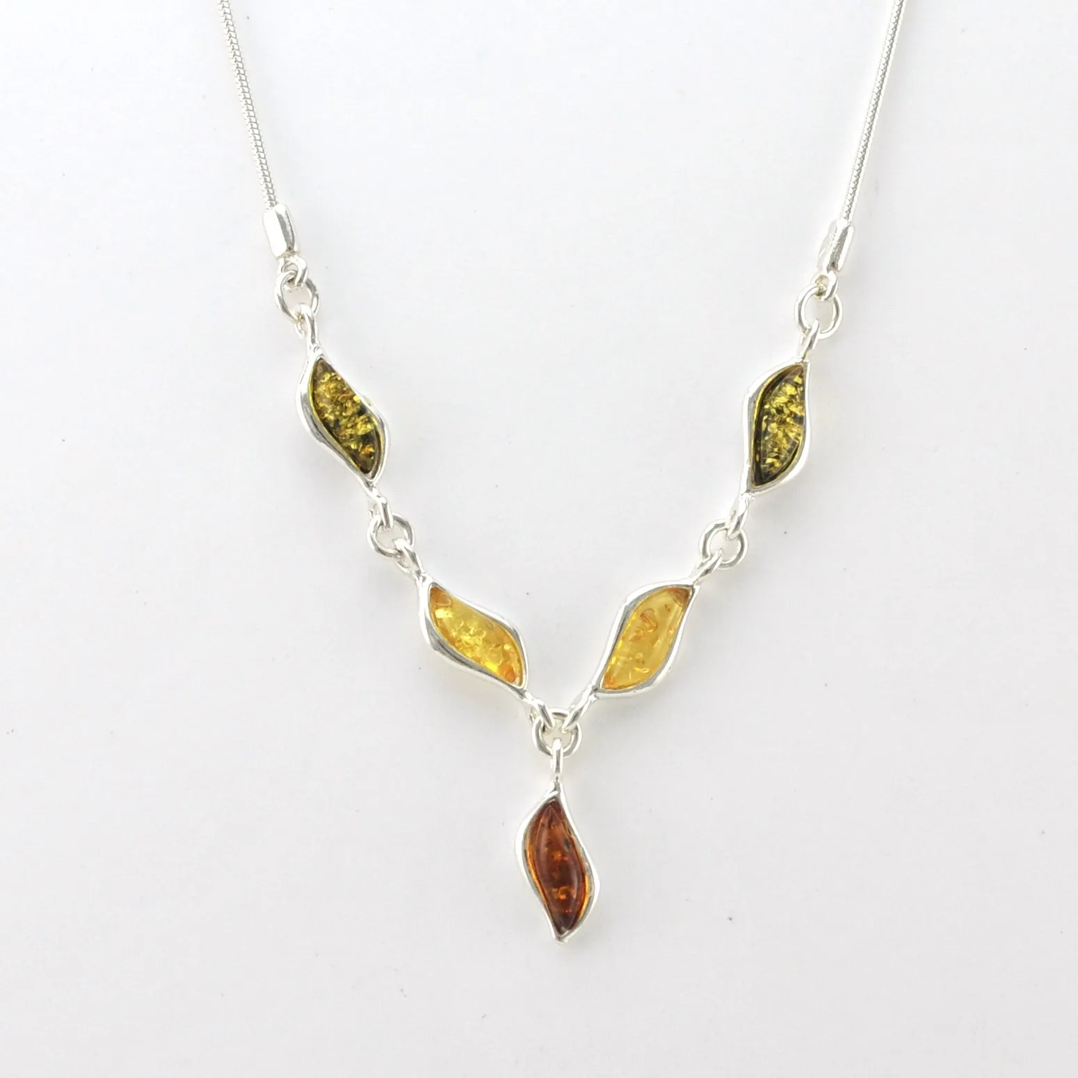Sterling Silver Multicolored Baltic Amber Wavy Marquise Necklace