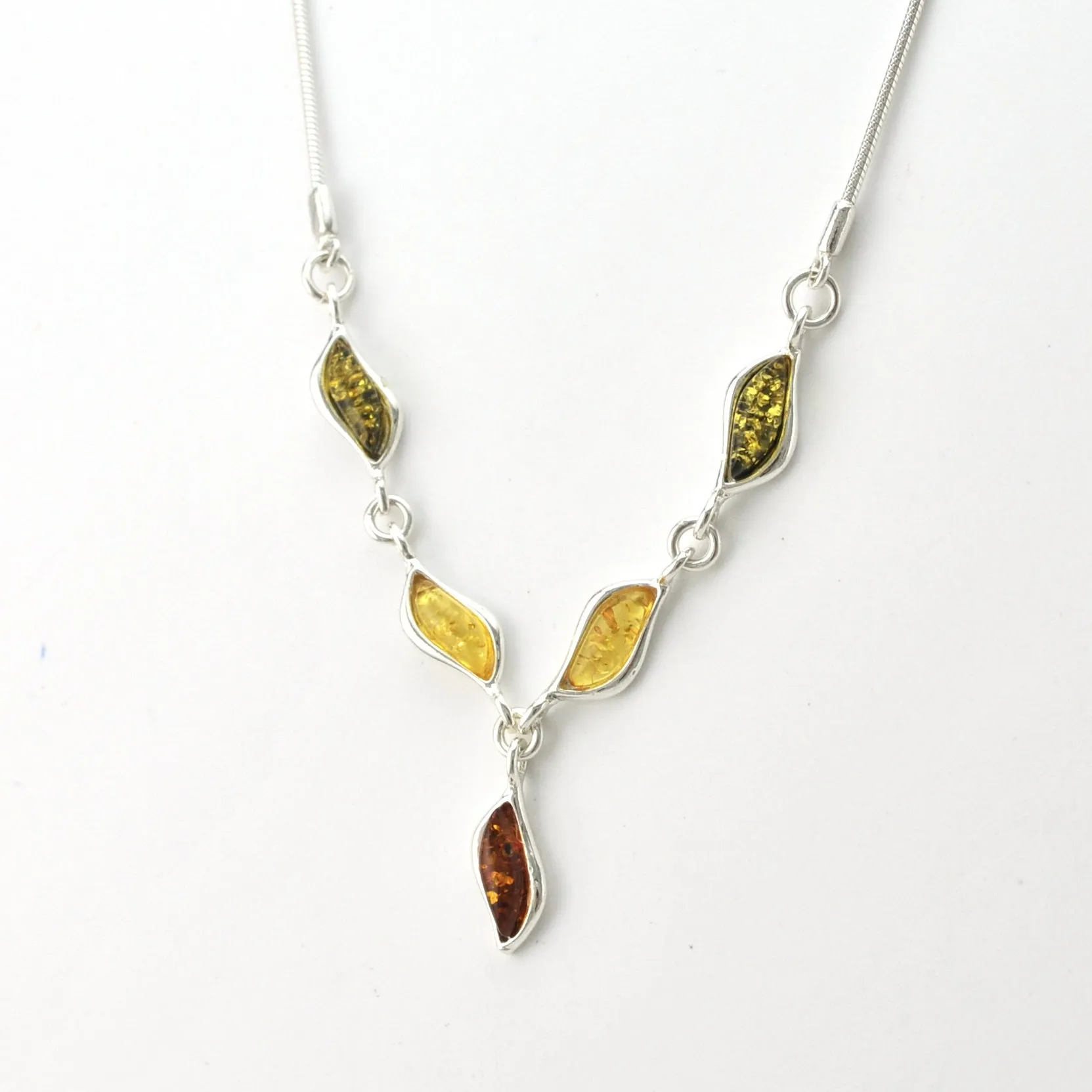 Sterling Silver Multicolored Baltic Amber Wavy Marquise Necklace