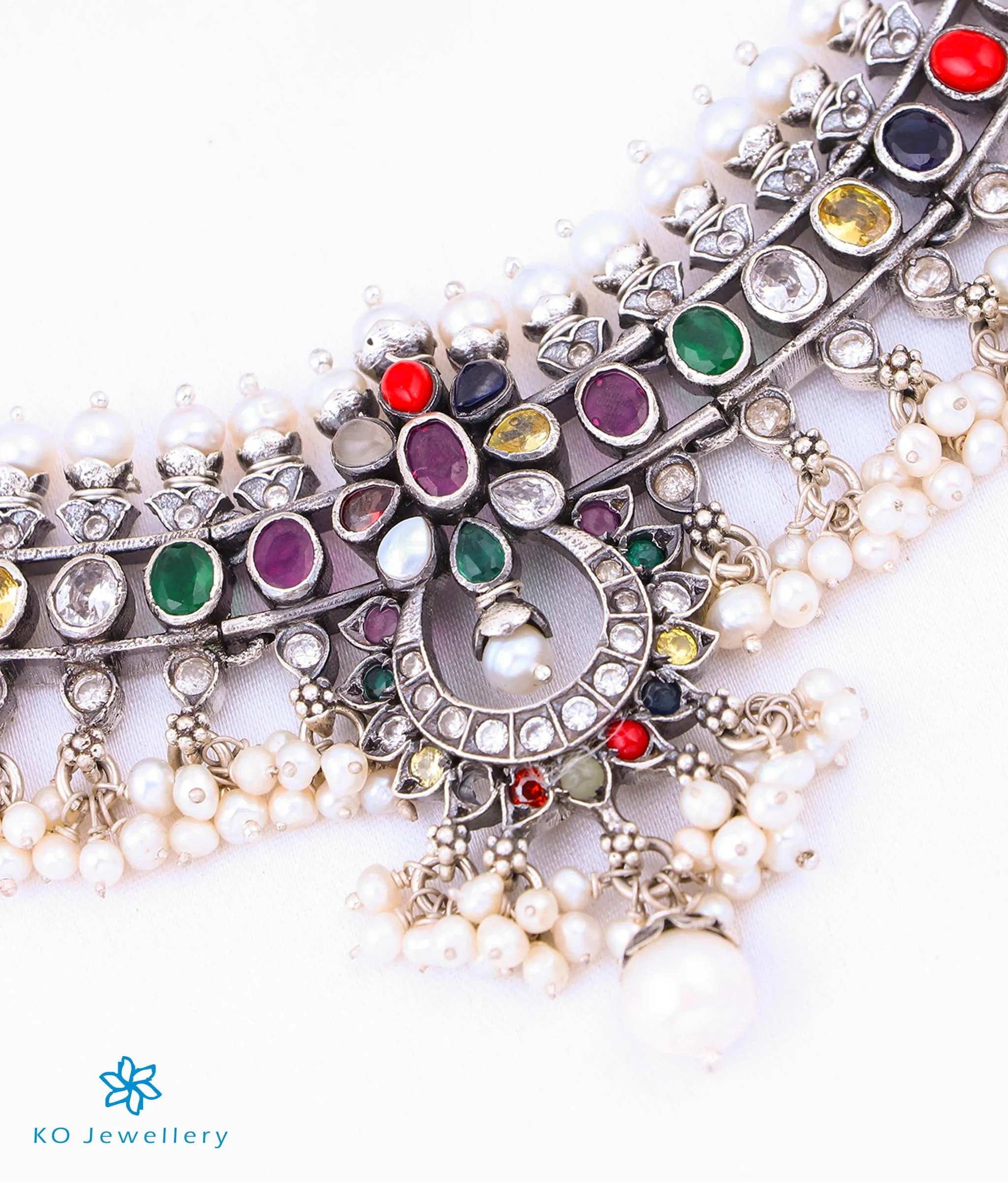 The Arohi Silver Navratna Guttapusalu Necklace (Oxidised)