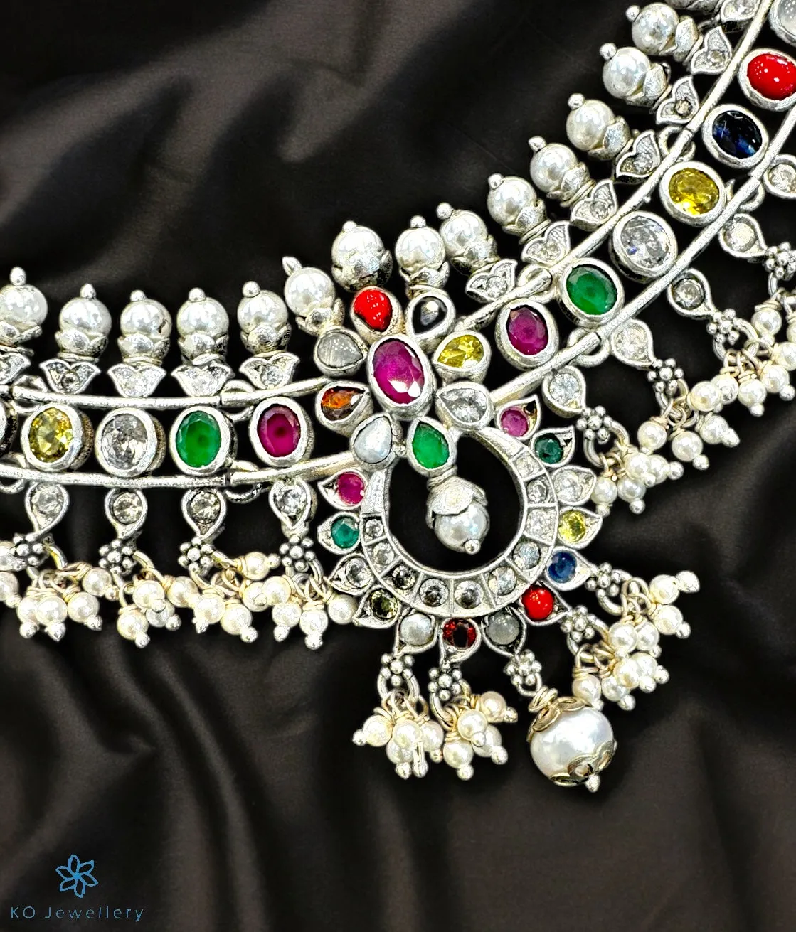 The Arohi Silver Navratna Guttapusalu Necklace (Oxidised)