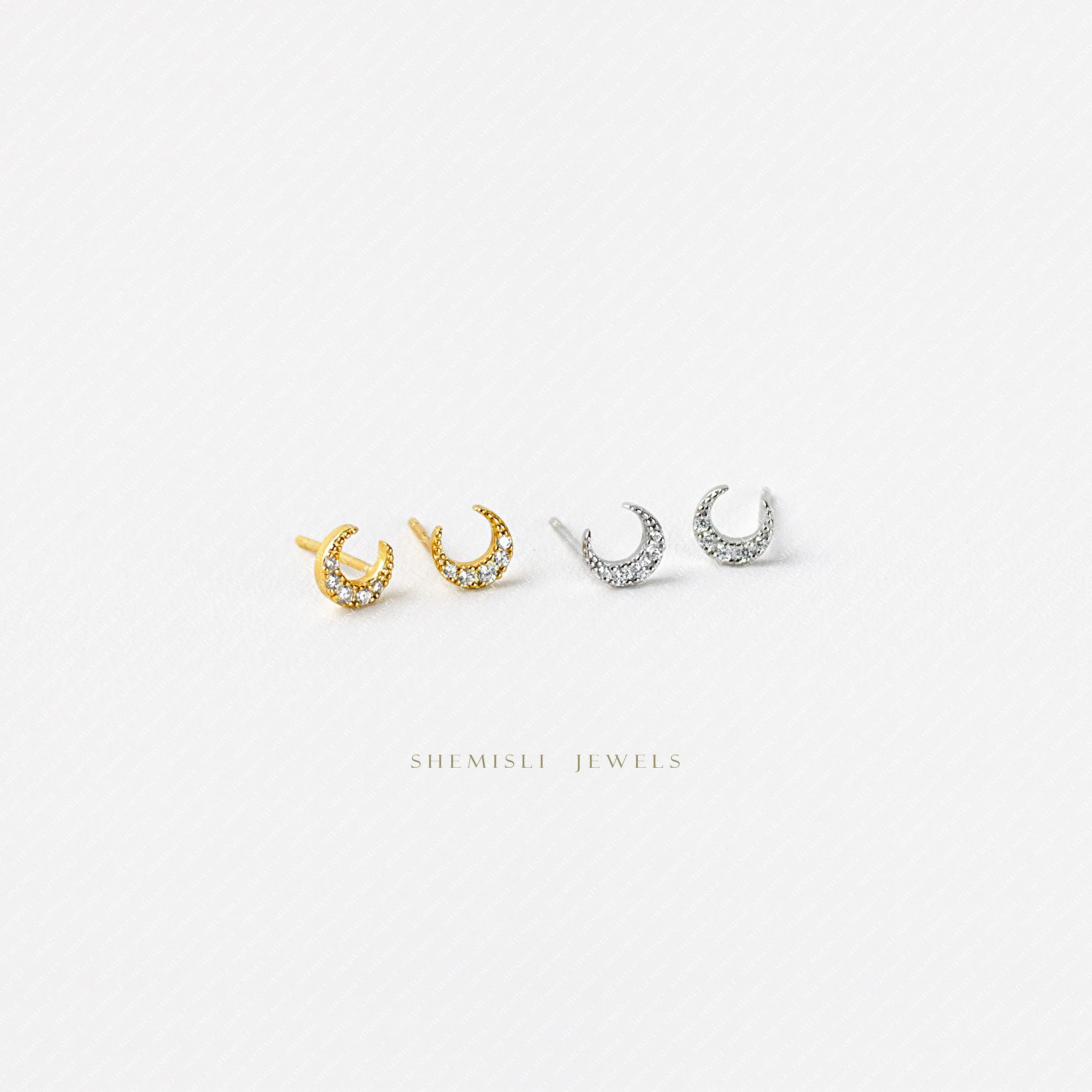 Tiny Moon CZ Studs Earrings, Luna Studs, Unisex, Gold, Silver SHEMISLI SS036 Butterfly End, SS352 Screw Ball End (Type A)
