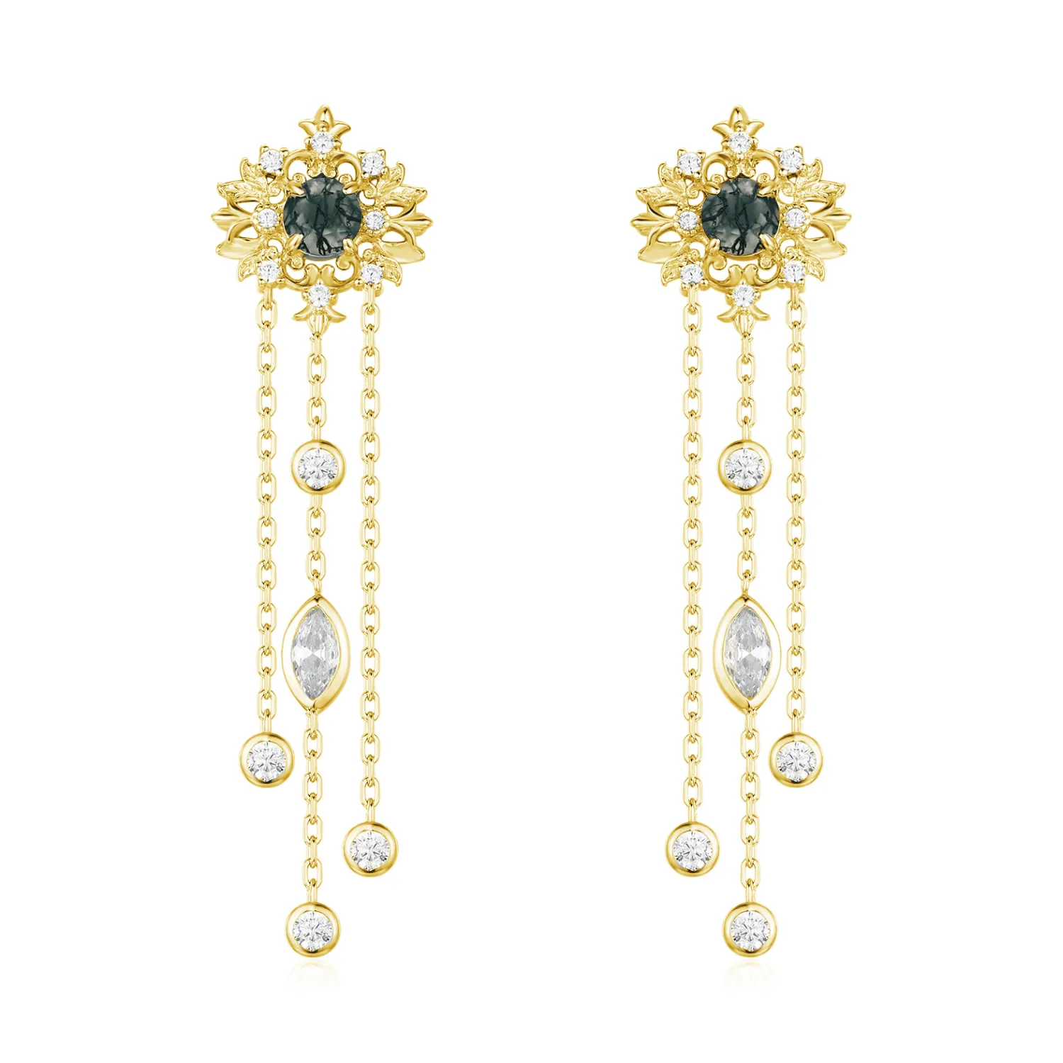 Trellis Moss Agate Earrings (Yellow Gold)