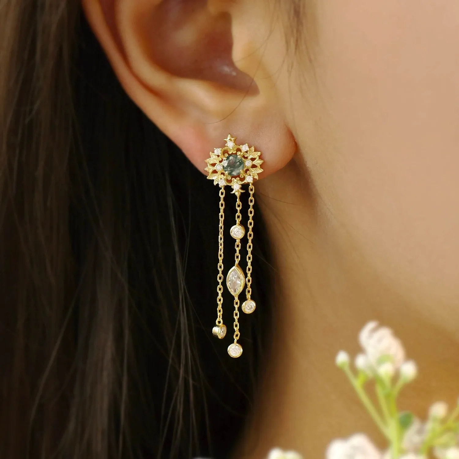 Trellis Moss Agate Earrings (Yellow Gold)