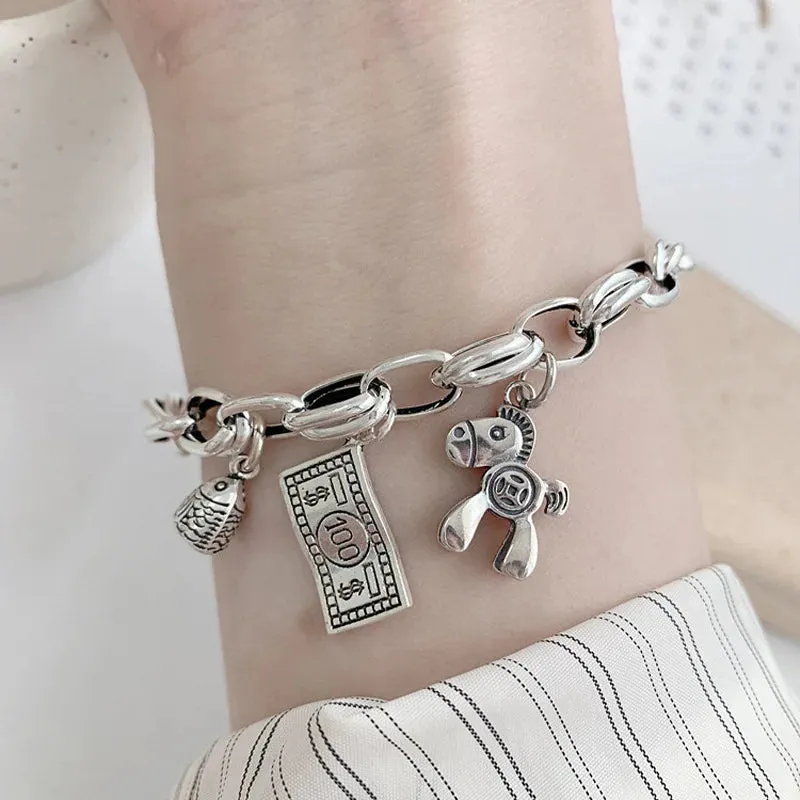 VENTFILLE 925 Sterling Silver Thai Silver Bracelet for Women Vintage Geometric Heart Love Lucky Punk Jewelry 2023 New Dropship