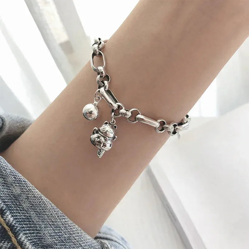VENTFILLE 925 Sterling Silver Thai Silver Bracelet for Women Vintage Geometric Heart Love Lucky Punk Jewelry 2023 New Dropship