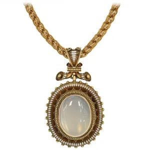 Victorian Large 18kt Enameled   Moonstone Pendant Necklace