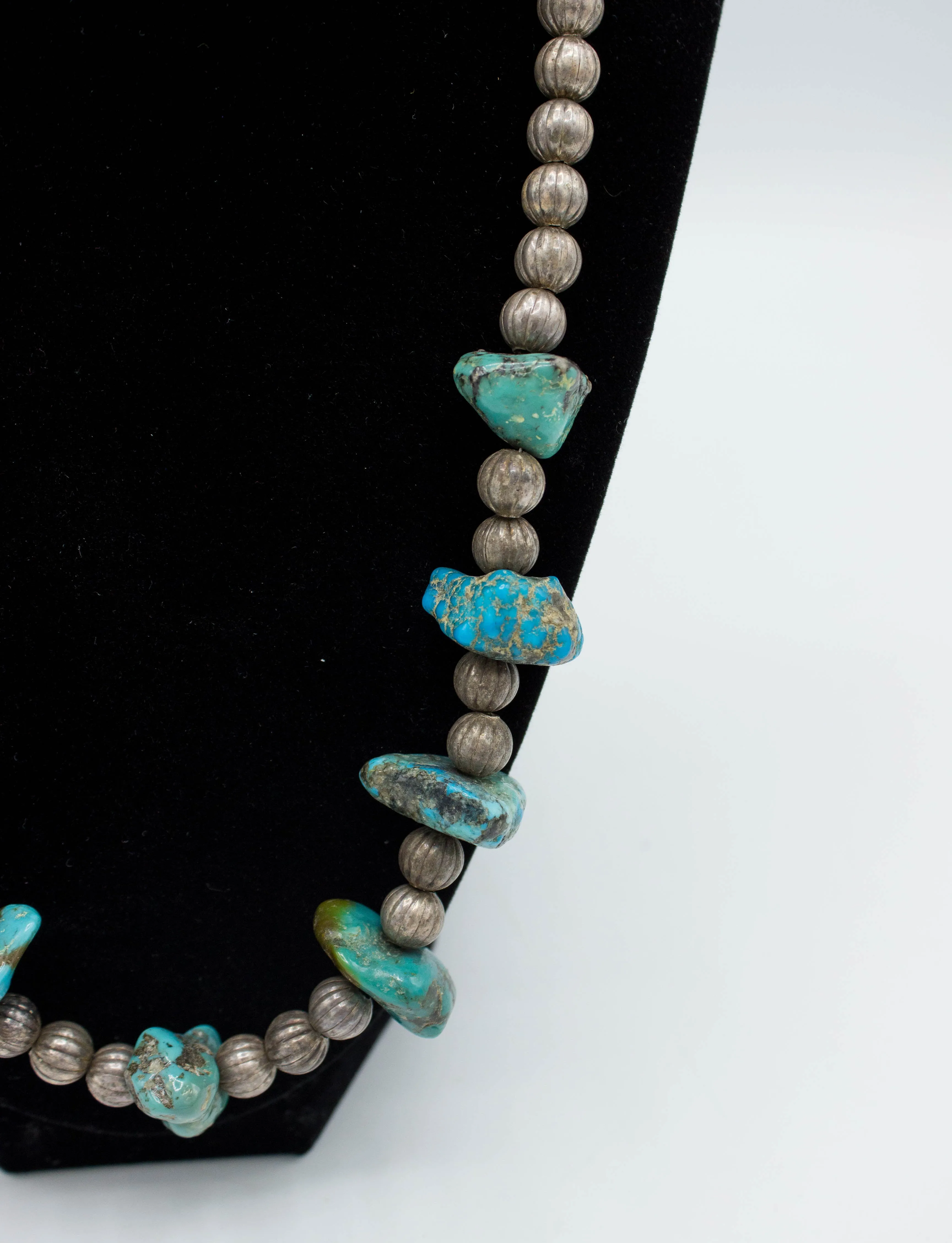 Vintage 60s Sterling Silver Pearls and Turquoise Nugget Necklace