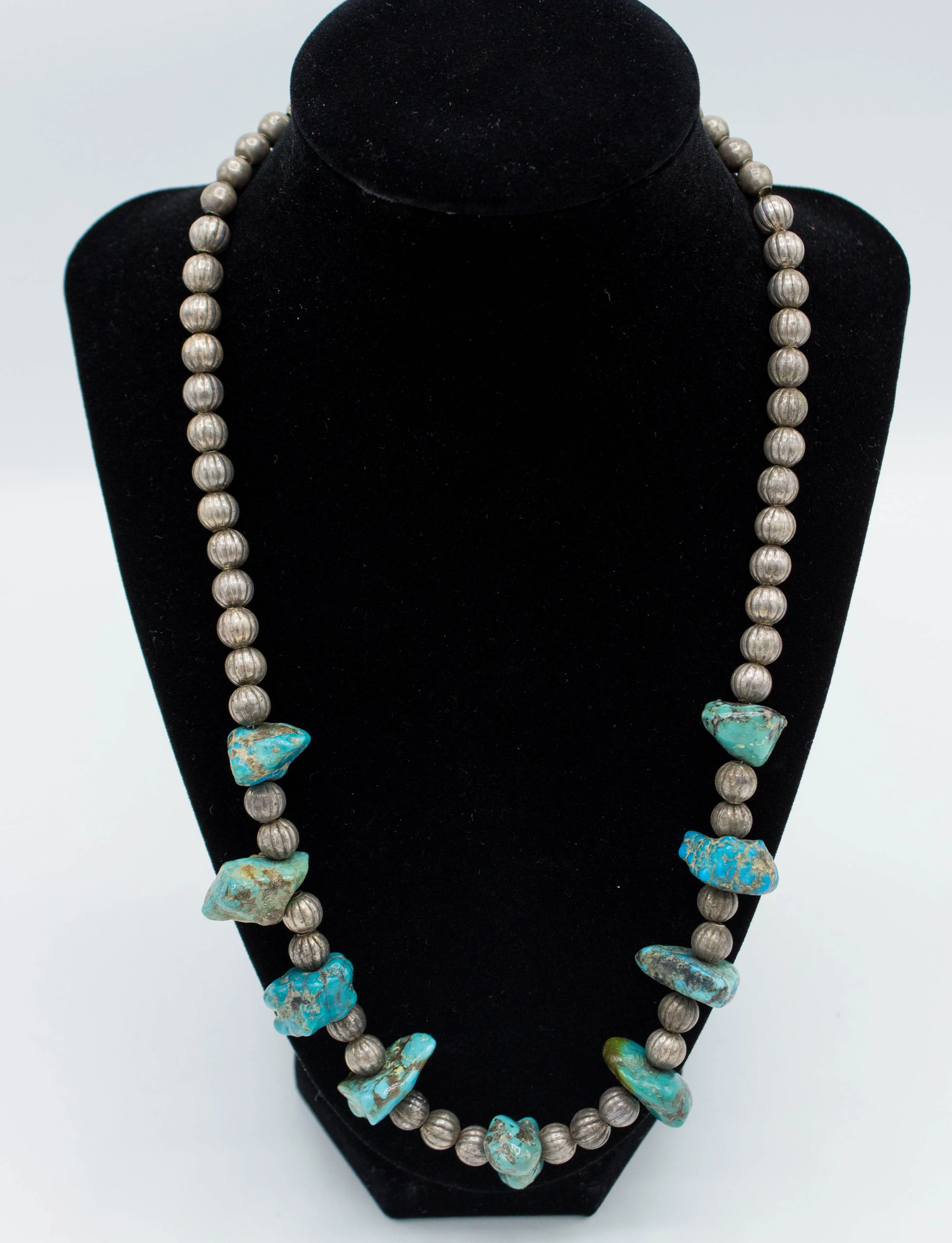 Vintage 60s Sterling Silver Pearls and Turquoise Nugget Necklace