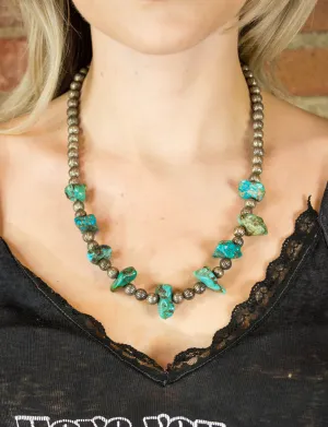 Vintage 60s Sterling Silver Pearls and Turquoise Nugget Necklace