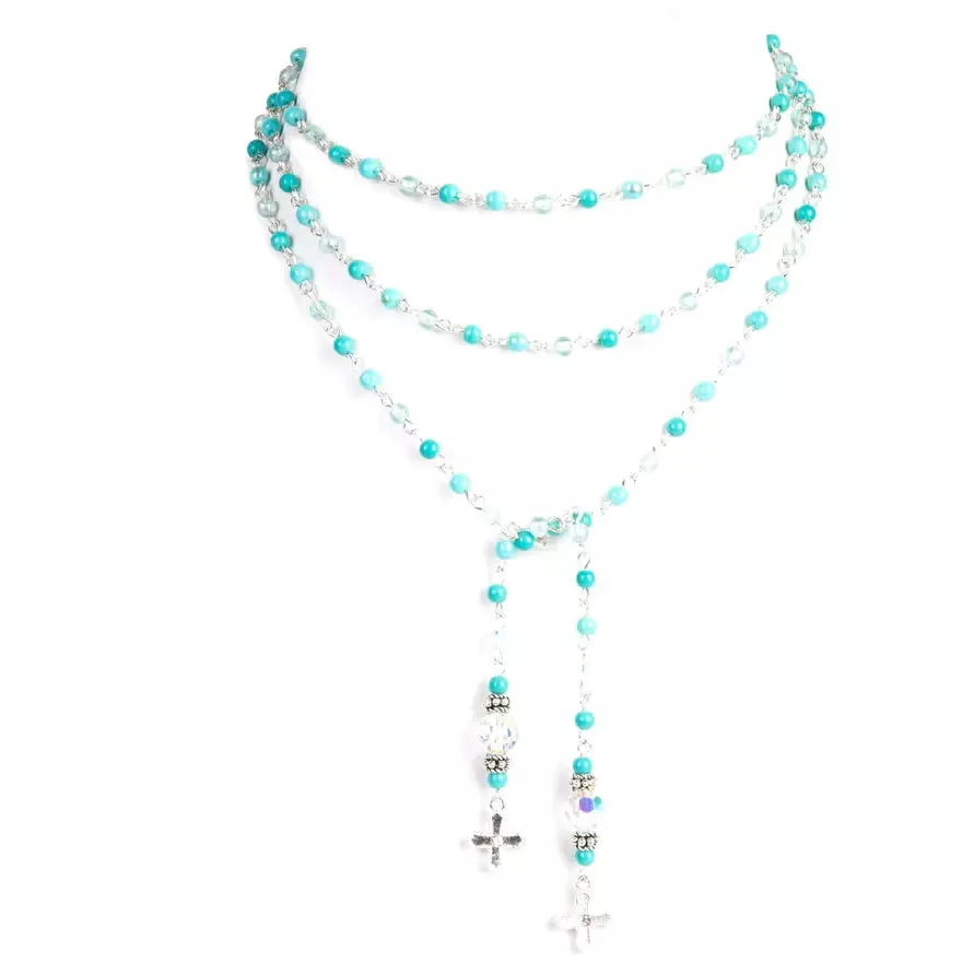 Virgins Saints and Angels Peace Cross Beaded Lariat- Turquoise