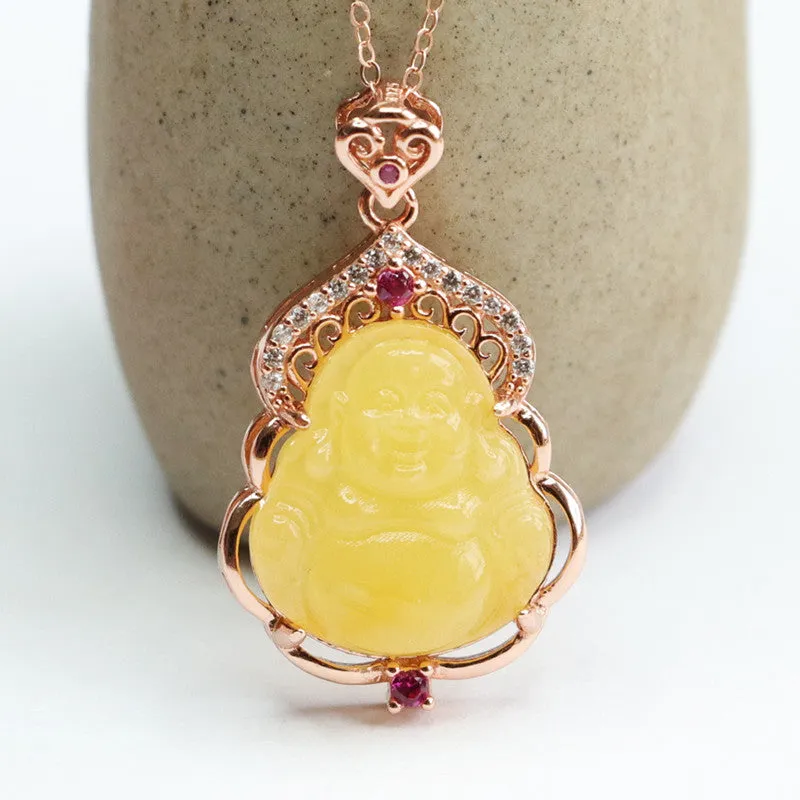 Yellow Natural Amber Buddha Necklace A160323