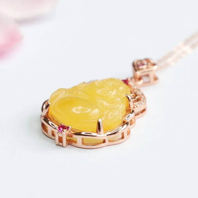 Yellow Natural Amber Buddha Necklace A160323