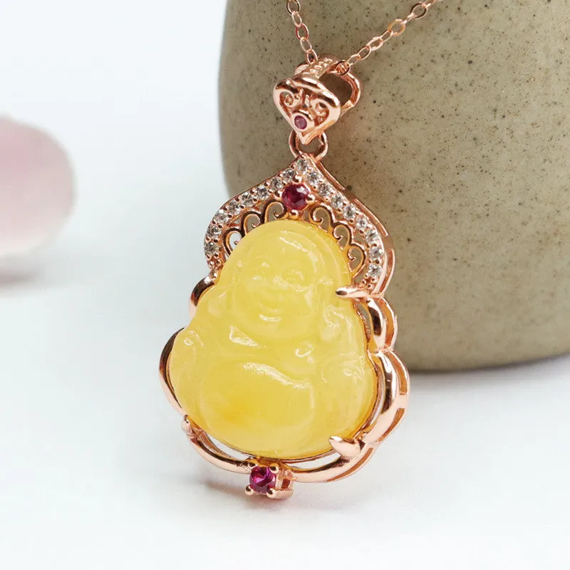 Yellow Natural Amber Buddha Necklace A160323