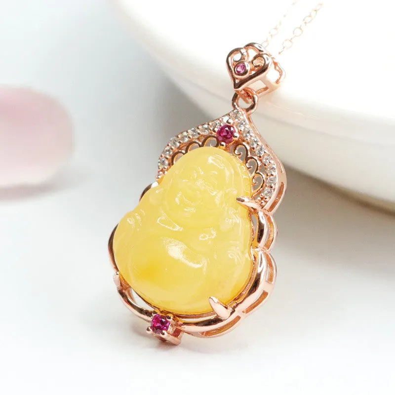 Yellow Natural Amber Buddha Necklace A160323