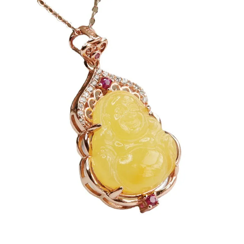 Yellow Natural Amber Buddha Necklace A160323