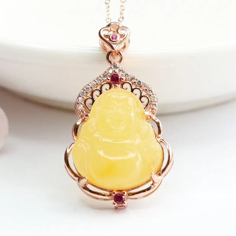 Yellow Natural Amber Buddha Necklace A160323