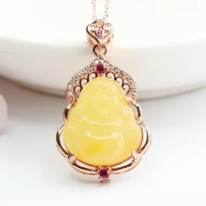 Yellow Natural Amber Buddha Necklace A160323